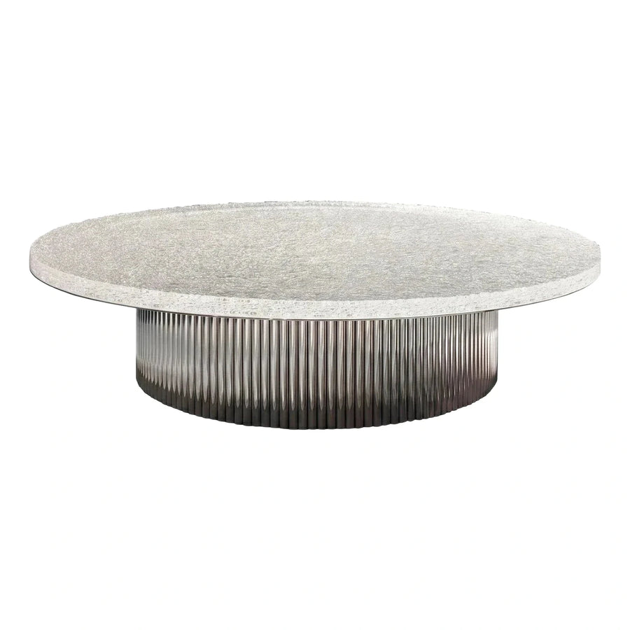 Round Textured Stone Top Fluted Metal Coffee Table
