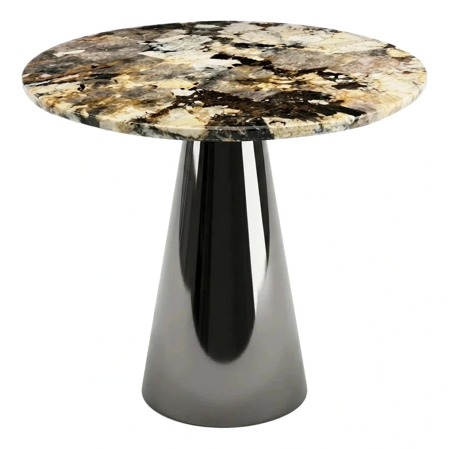 Round Marble Top Side Table with Glossy Black Base