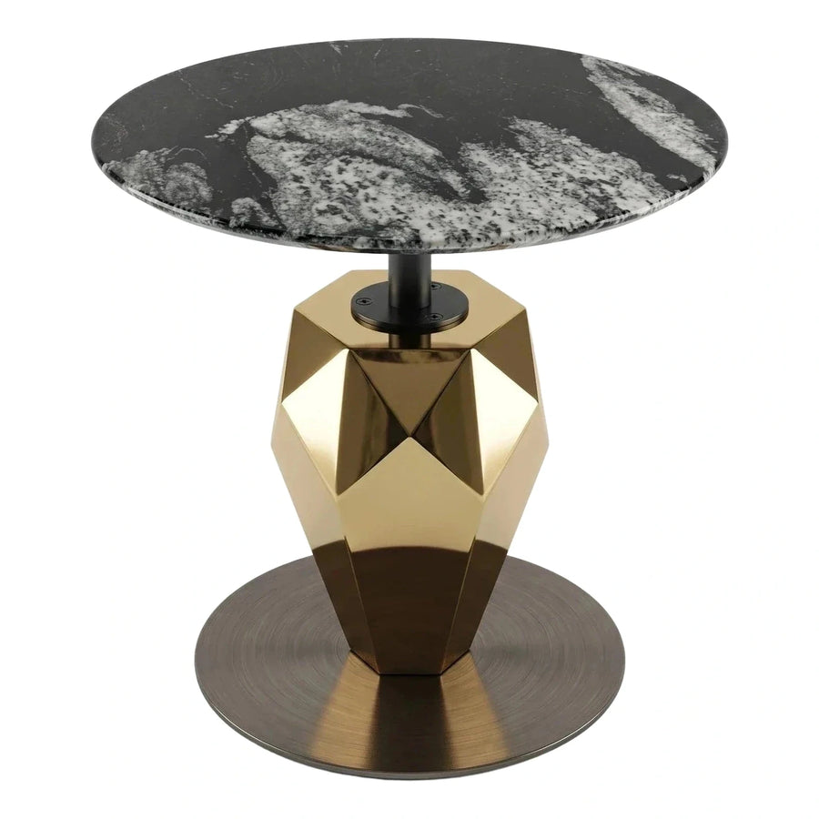 Round Black Marble Top Gold Faceted Base Side Table