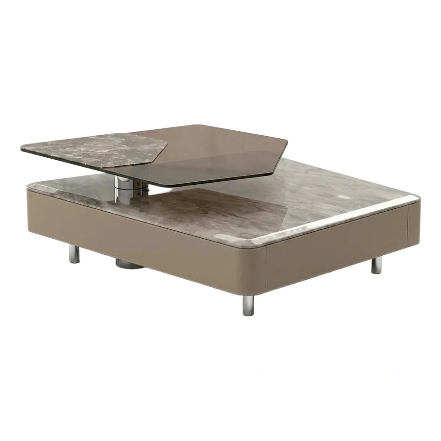 Modern Beige Leather Coffee Table with Rotating Glass and Marble Top