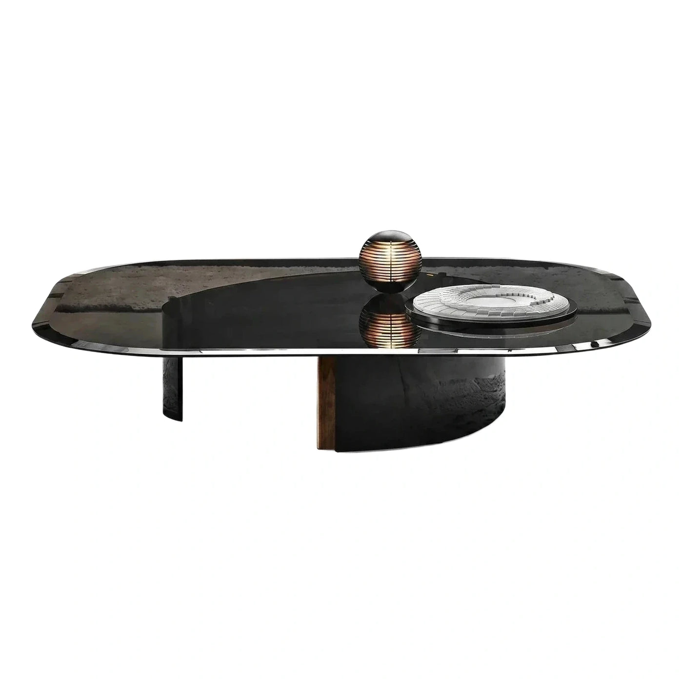 Modern Black Stone Oval Coffee Table with Wood Accent