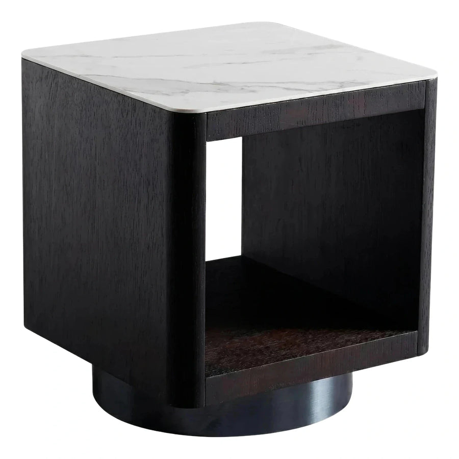 Modern Black Wood Side Table with Marble Top