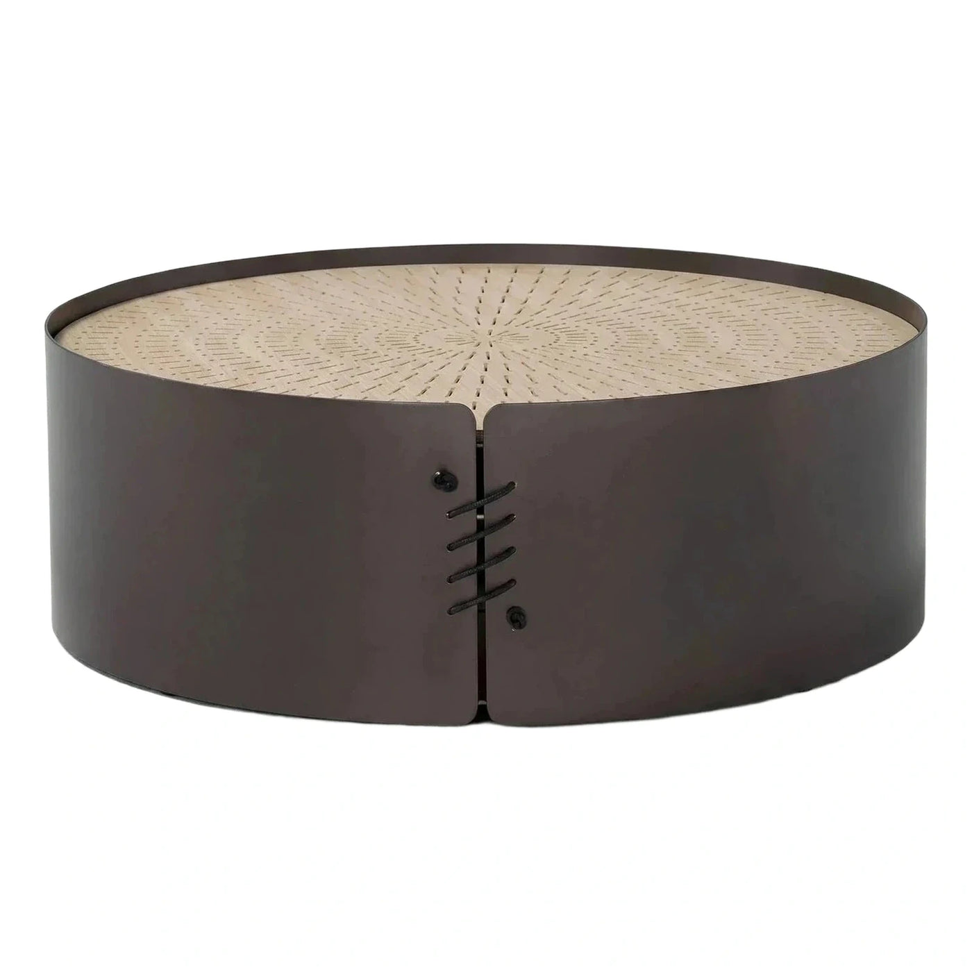 Round Coffee Table with Perforated Wood Top and Laced Base