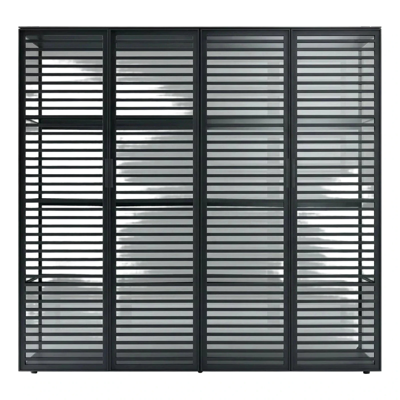 Modern Black Four-Door Louvered Glass Display Cabinet