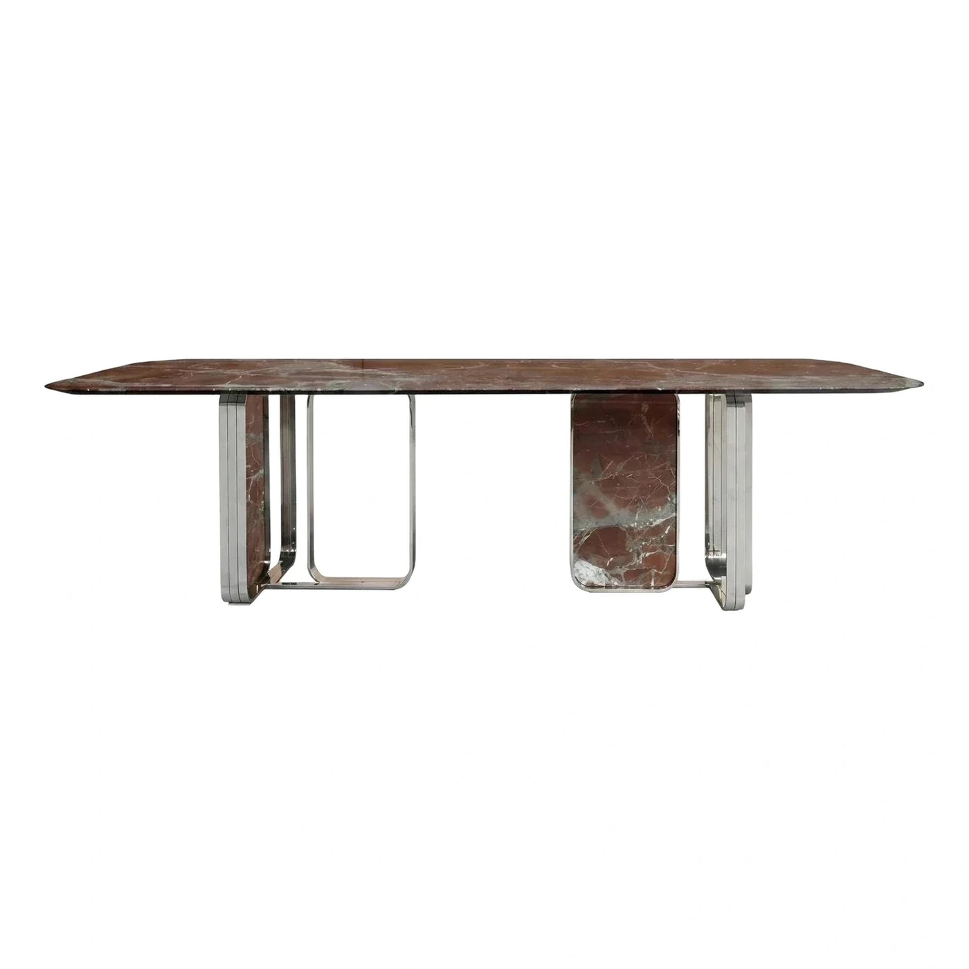 Rectangular Brown Marble Dining Table With Chrome Base