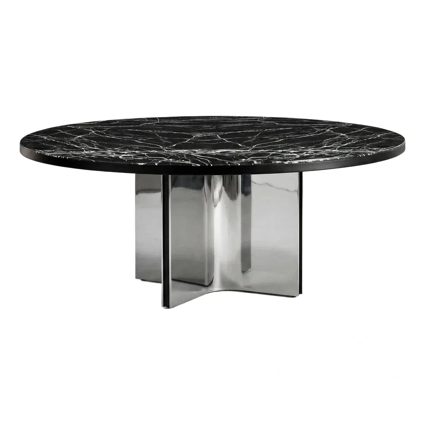 Round Black Marble Dining Table with Polished Metal Base