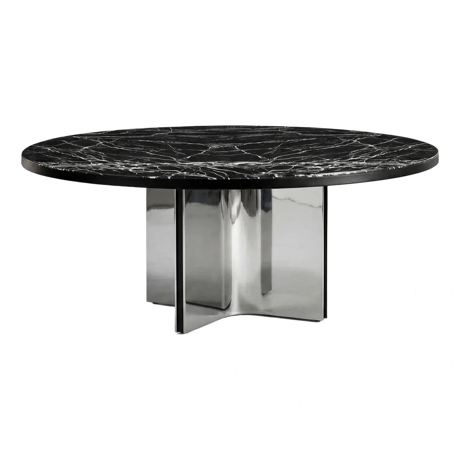 Round Black Marble Dining Table with Polished Metal Base