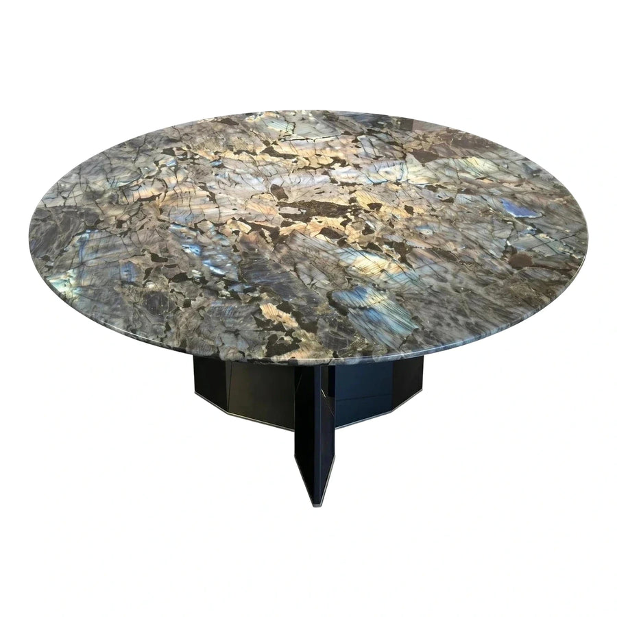 Round Polished Stone Dining Table with Black Geometric Base