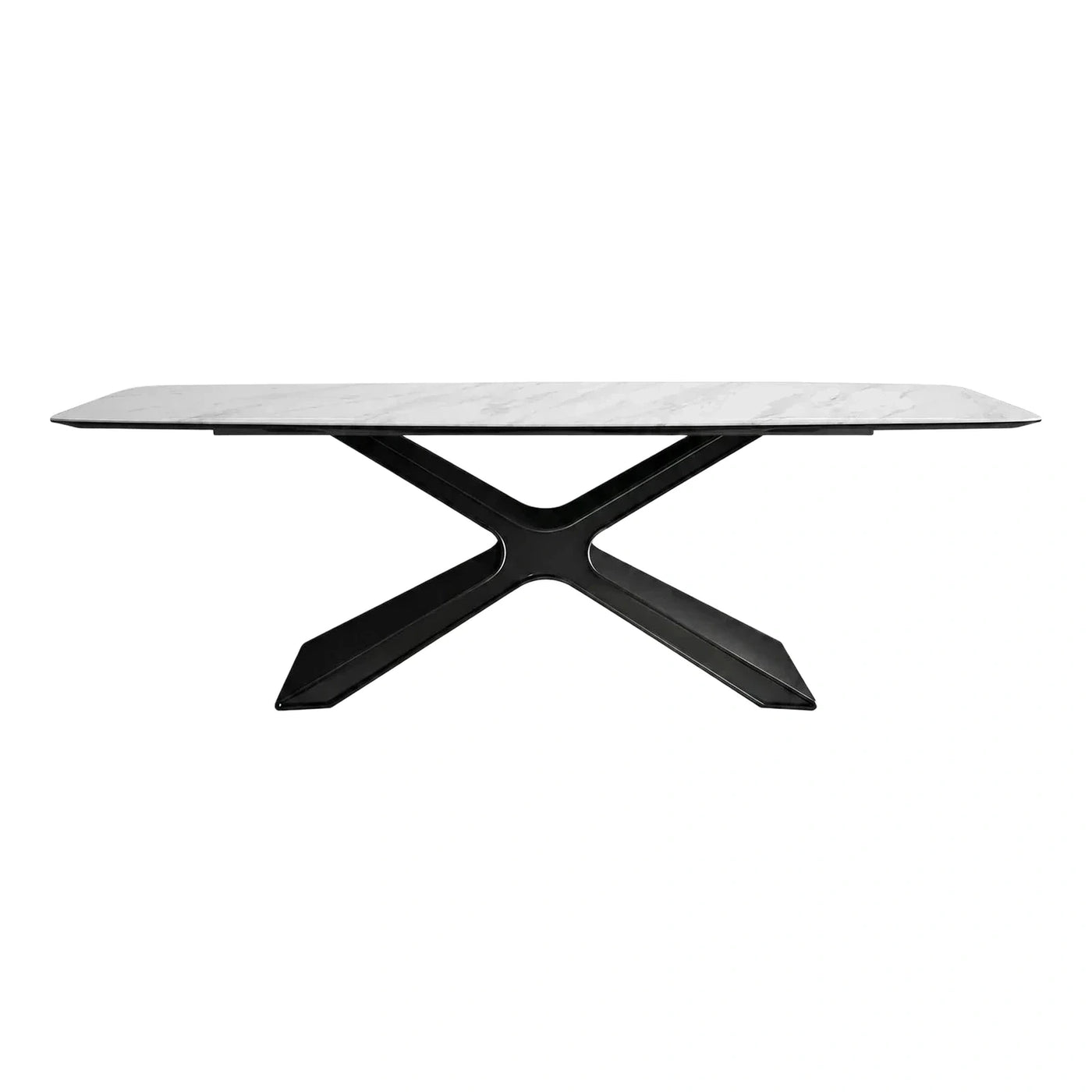 Modern White Marble Top Dining Table Black X Base
