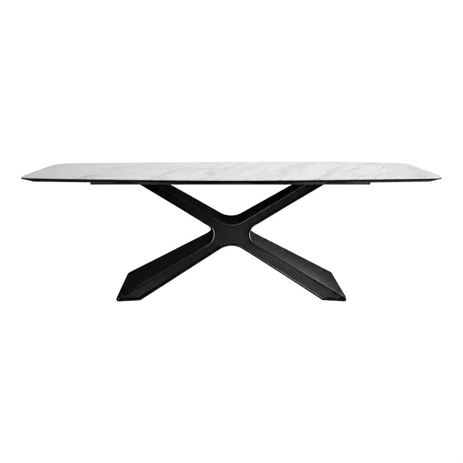 Modern White Marble Top Dining Table Black X Base