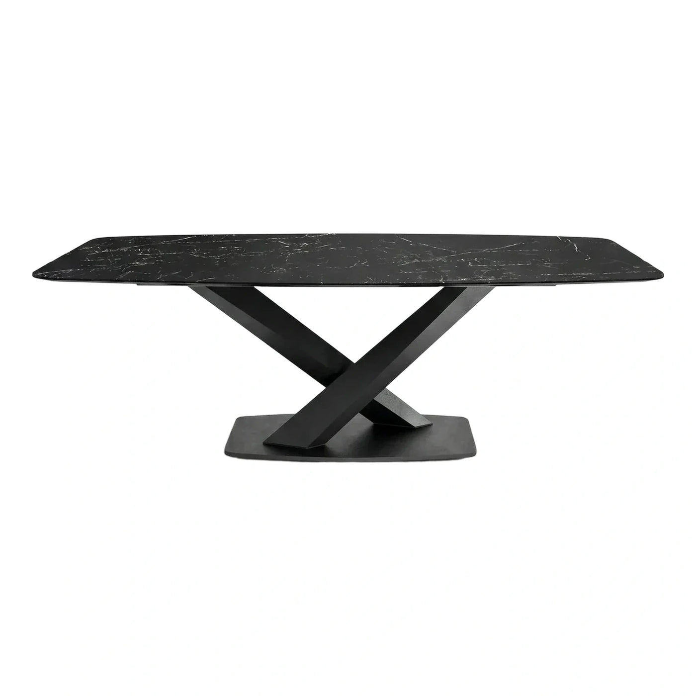 Modern Black Marble Top Dining Table X Base