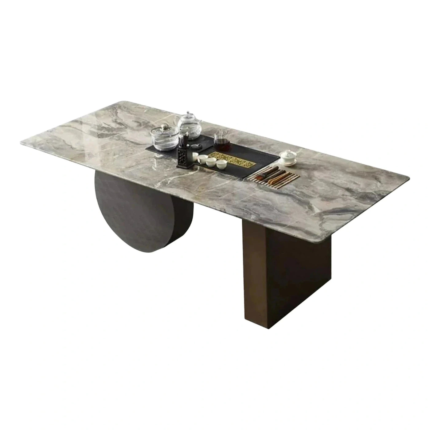 Modern Grey Stone Dining Table Asymmetrical Base
