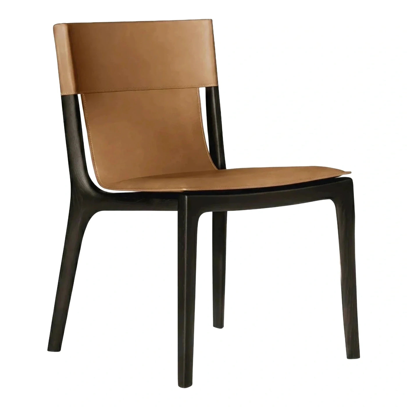 Modern Tan Leather Dining Chair Dark Wood Frame