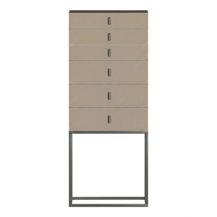 Tall Beige Leather Chest of Drawers on Metal Frame