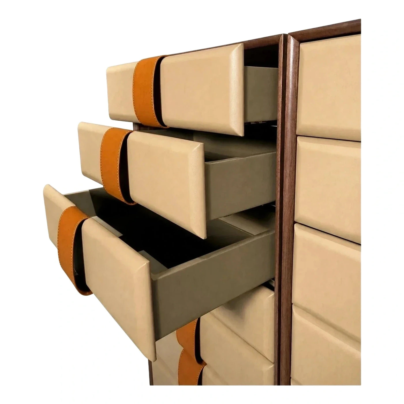 Modern Cream Leather Chest of Drawers with Wood Frame