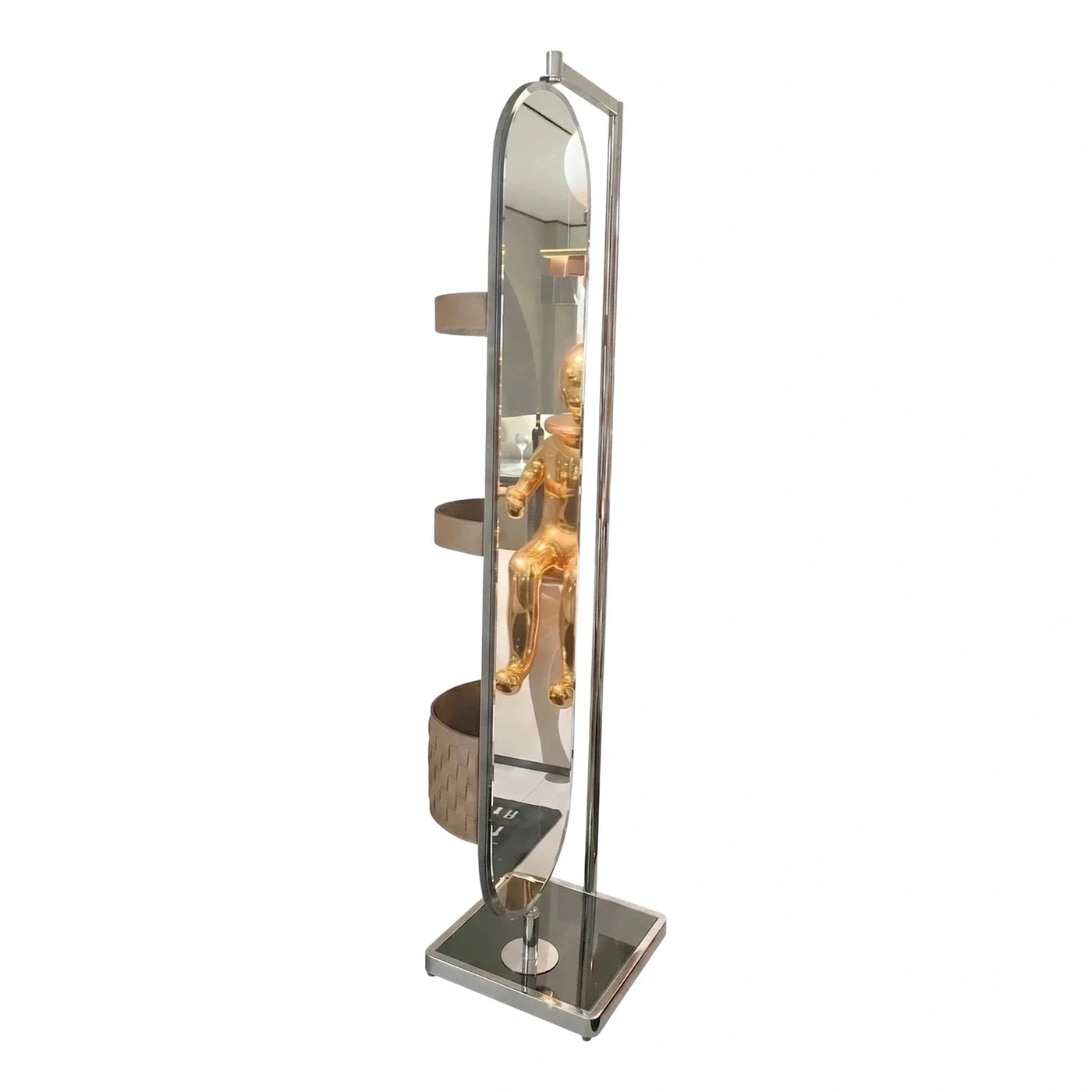 Modern Chrome Standing Mirror with Tiered Side Storage