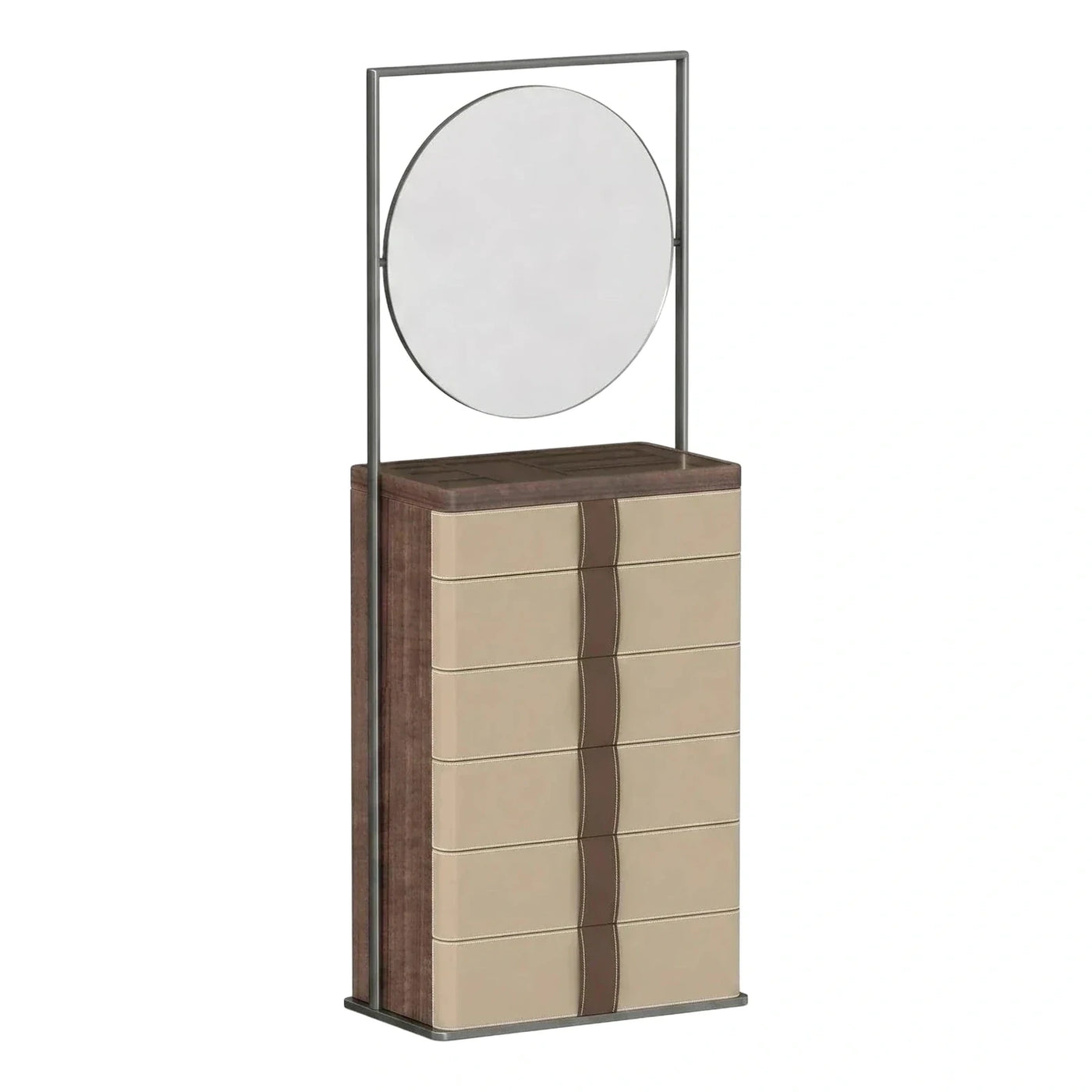 Tall Leather Jewelry Armoire with Round Mirror