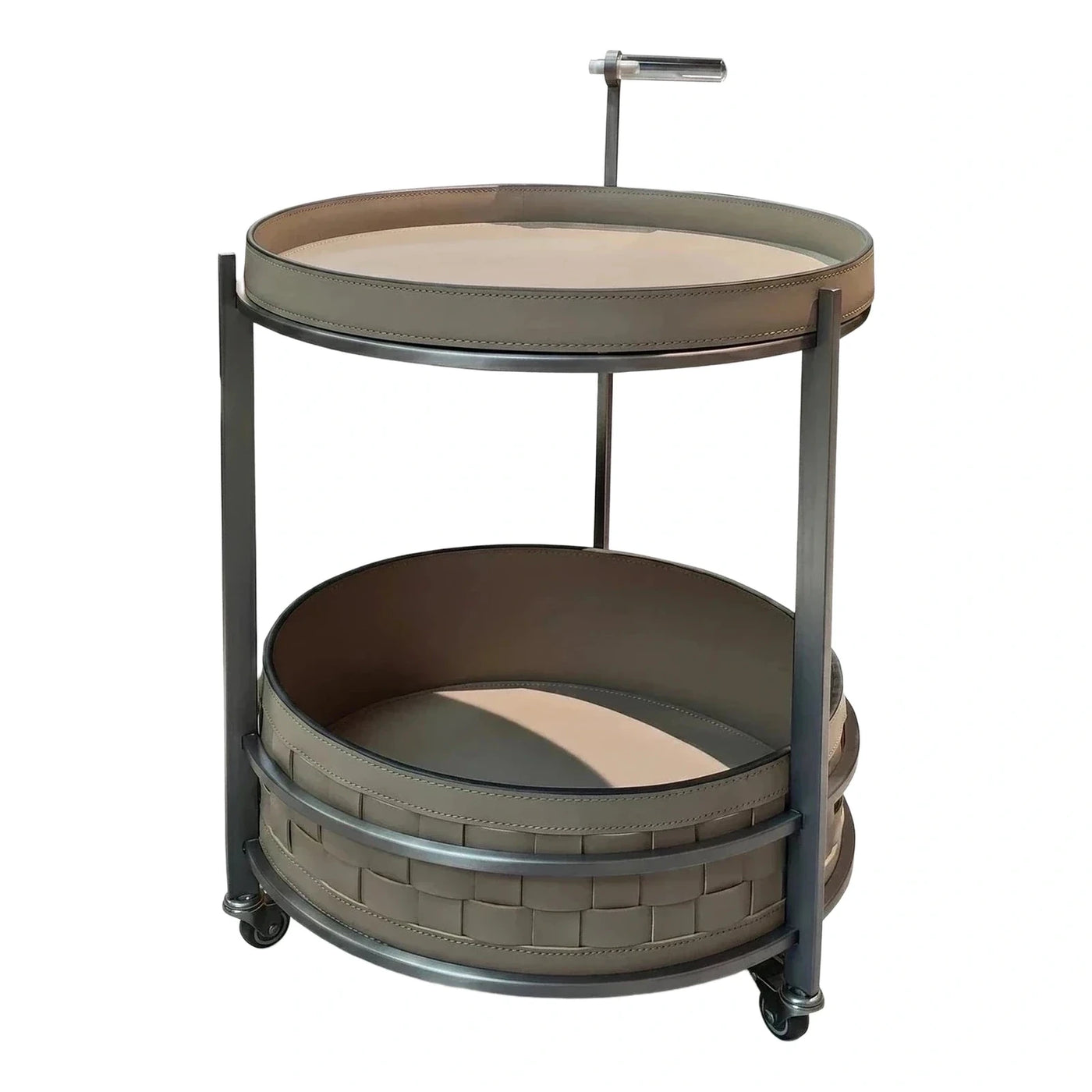 Round Two-Tier Leather Woven Rolling Side Table