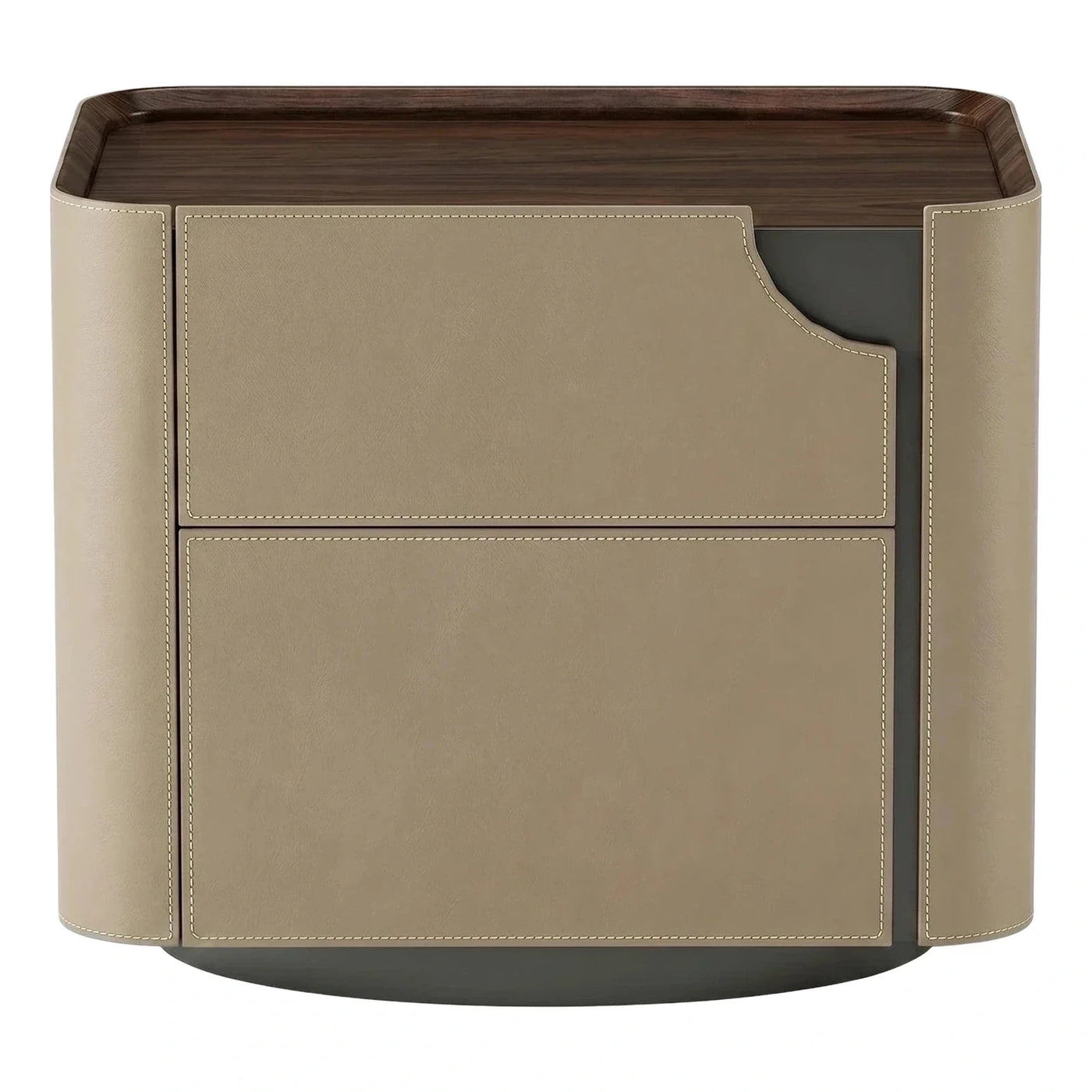 Modern Beige Leather Wrapped Nightstand with Dark Wood Top