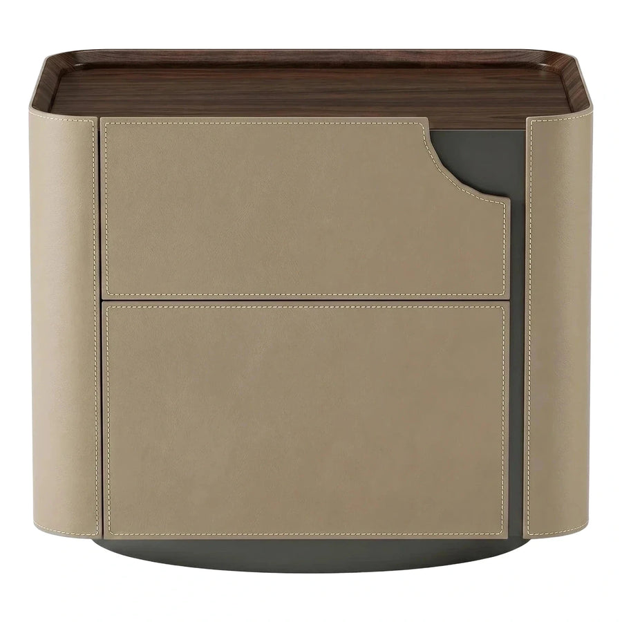 Modern Beige Leather Wrapped Nightstand with Dark Wood Top