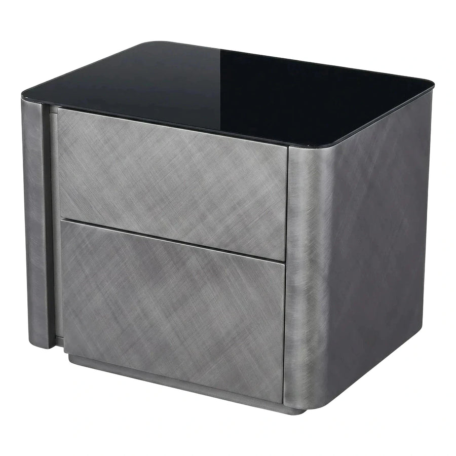 Modern Grey Two-Drawer Nightstand with Glossy Black Top
