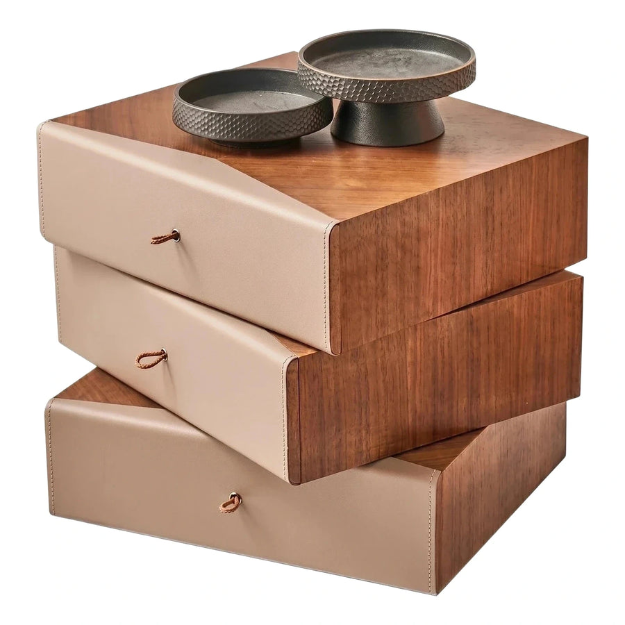 Modern Staggered Wood Nightstand with Beige Leather Drawers
