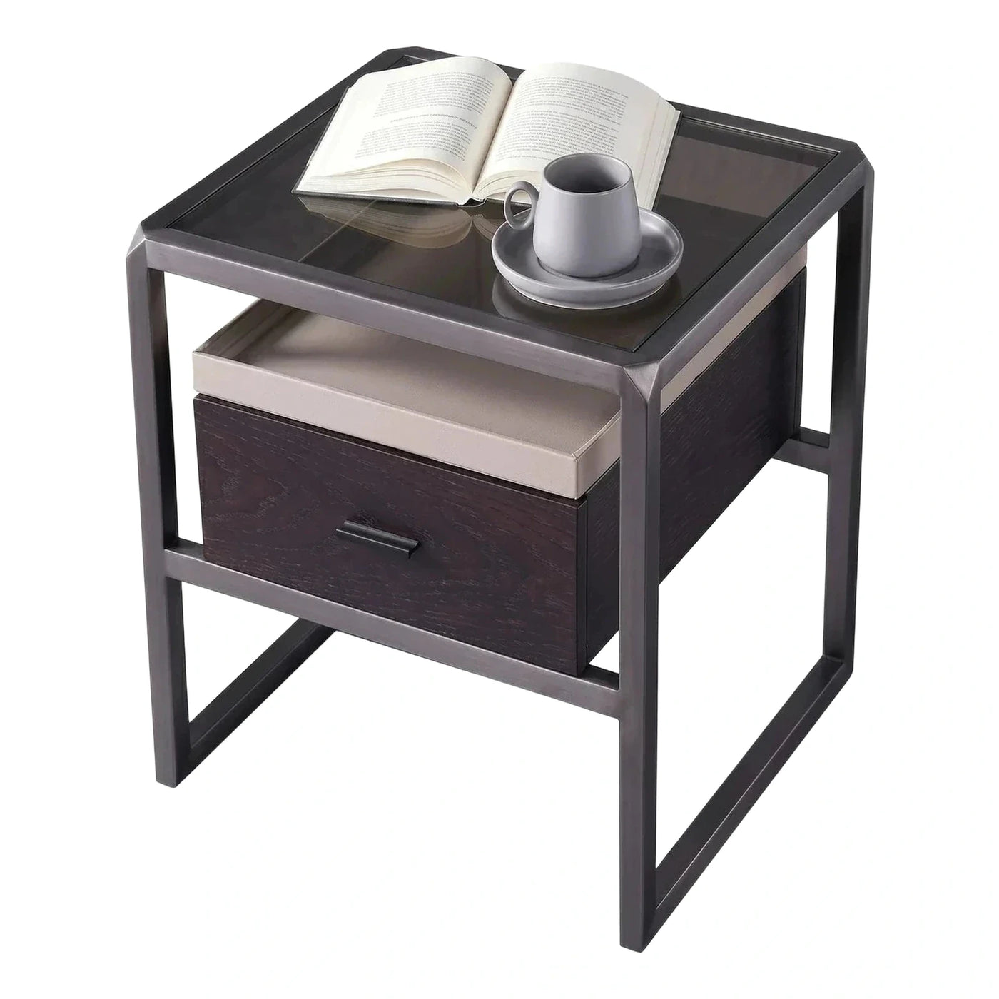 Modern Dark Wood Nightstand with Glass Top and Tray