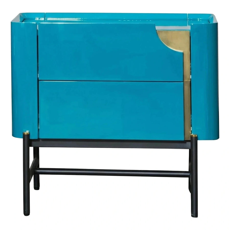 Glossy Blue Two-Drawer Nightstand with Gold Accents