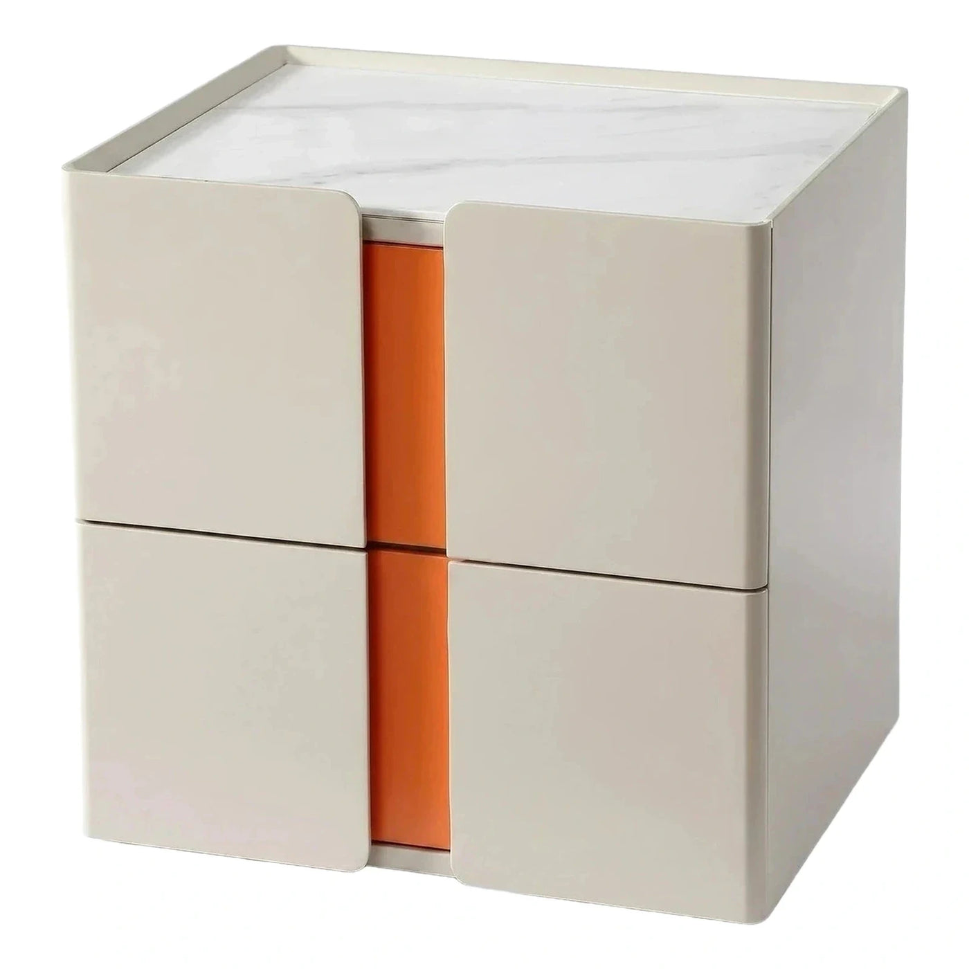 Modern Cream Nightstand with Marble Top and Orange Drawers
