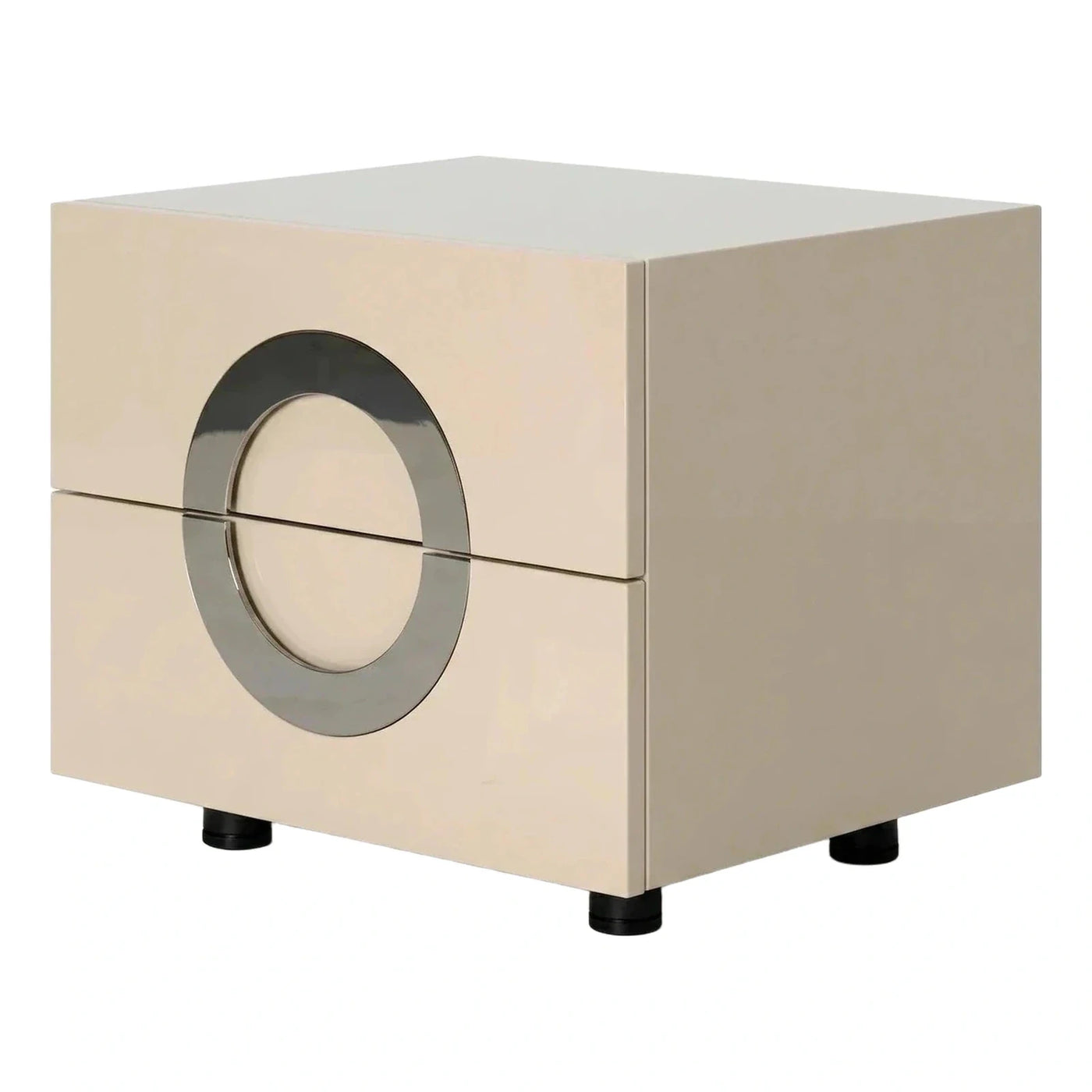 Cream High Gloss Nightstand with Circular Metal Handle