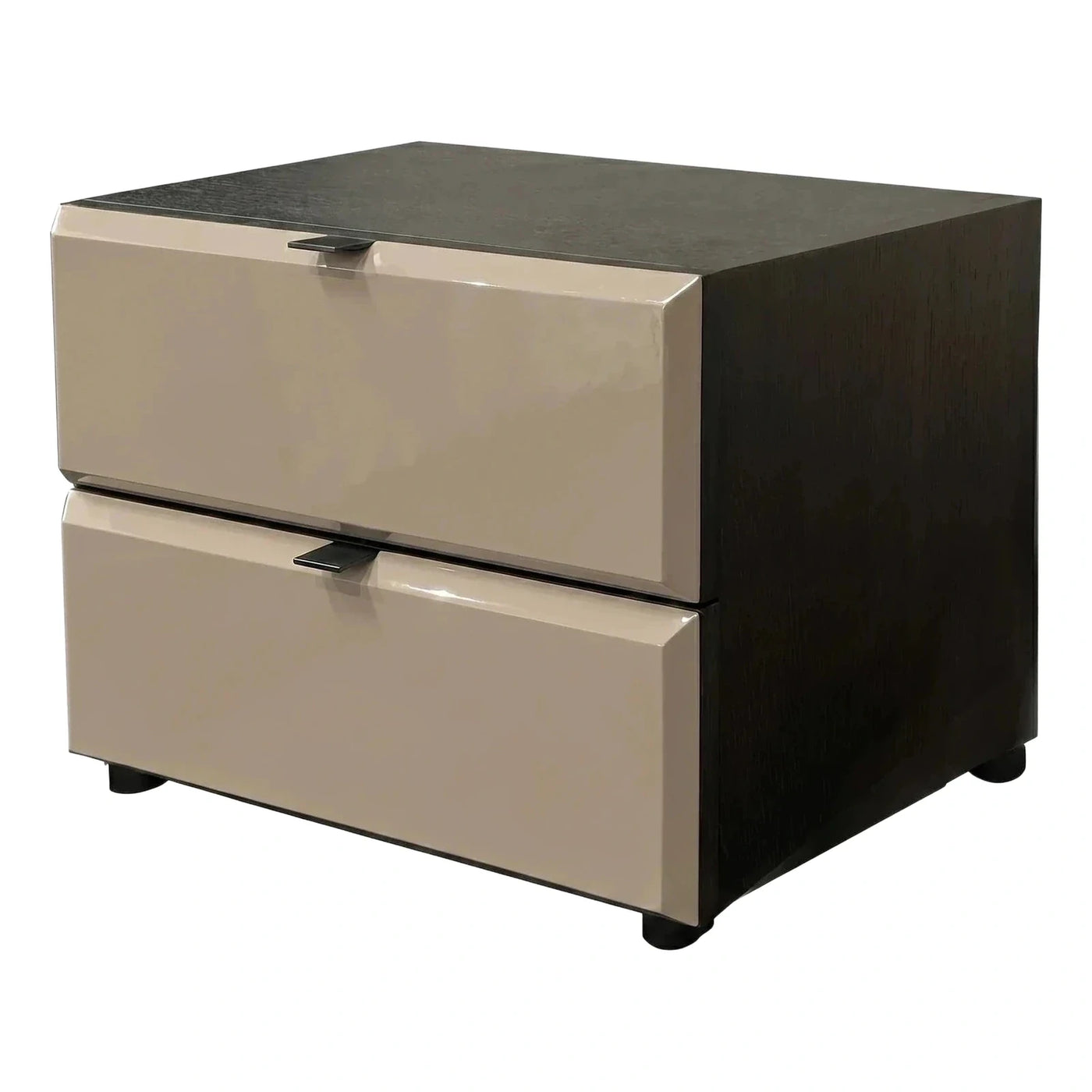 Modern Two-Drawer Nightstand Beige Glossy Fronts Dark Wood