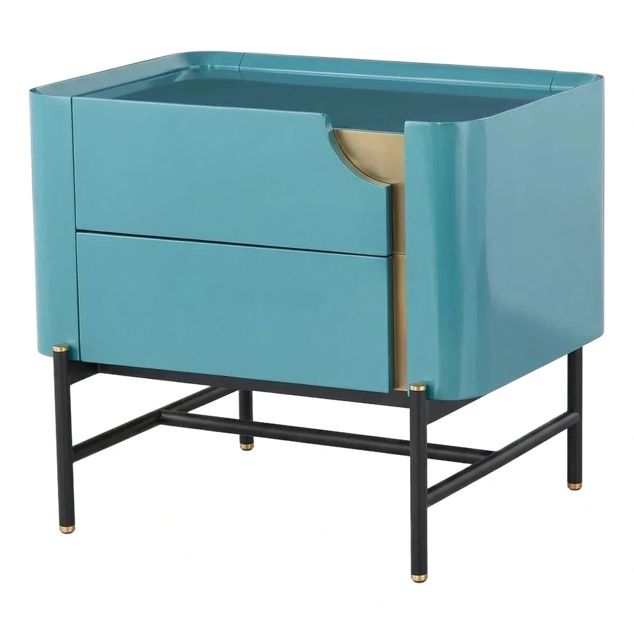 Modern Teal Lacquer Nightstand with Black Metal Base