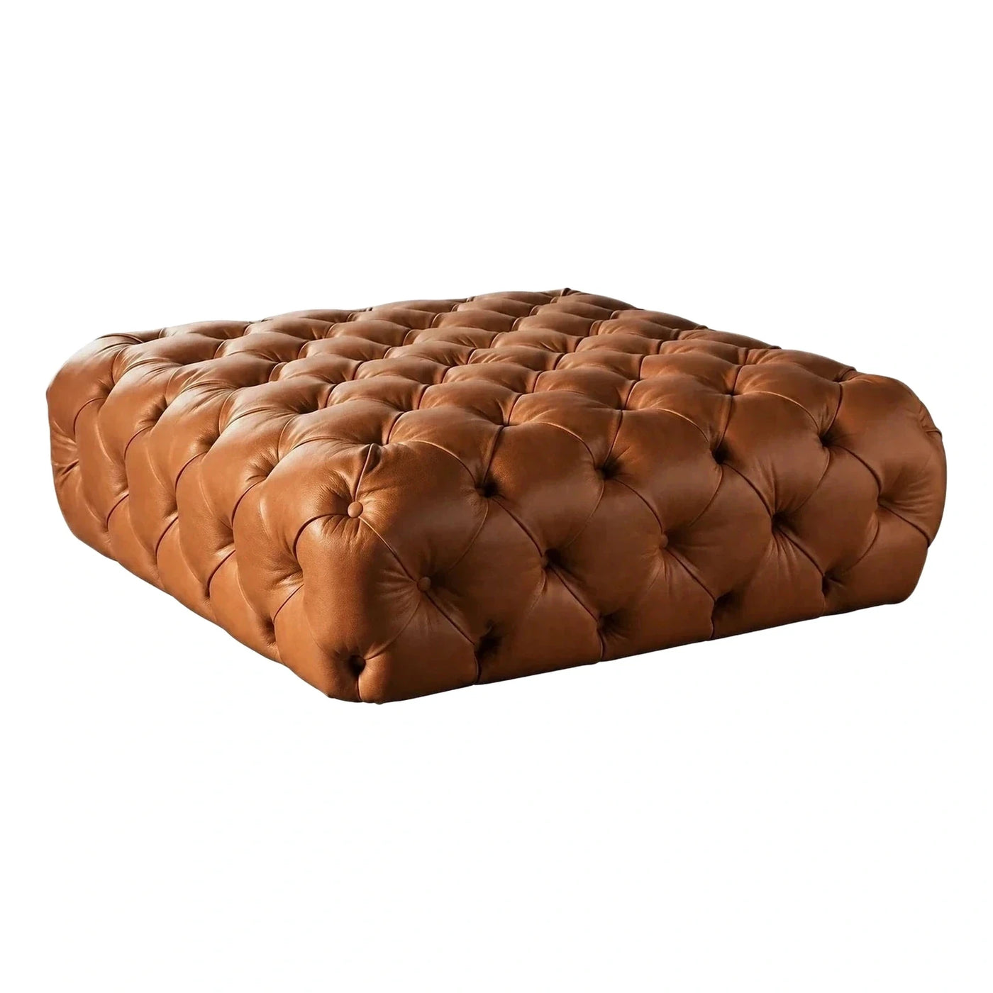 Large Rectangular Tufted Leather Ottoman in Brown