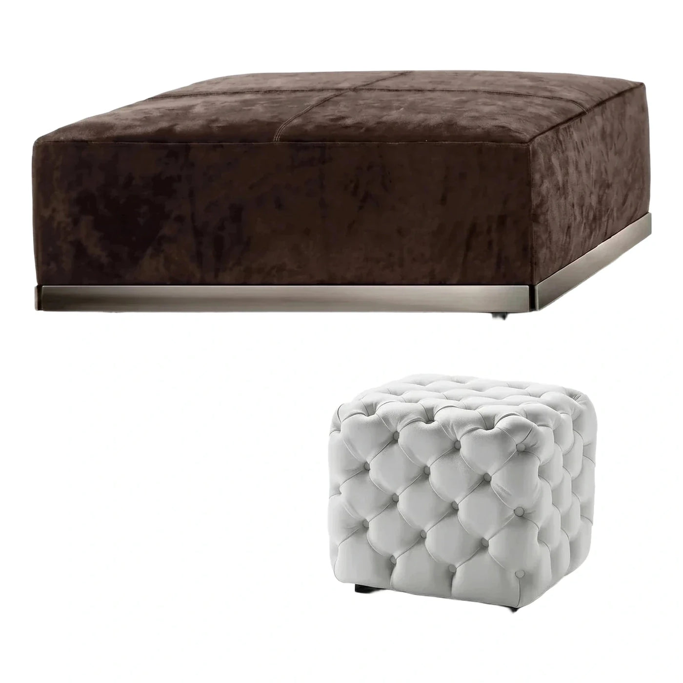 Rectangular Brown Velvet Ottoman and White Tufted Cube