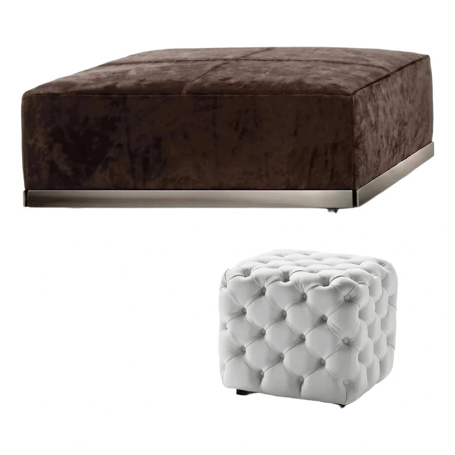 Rectangular Brown Velvet Ottoman and White Tufted Cube