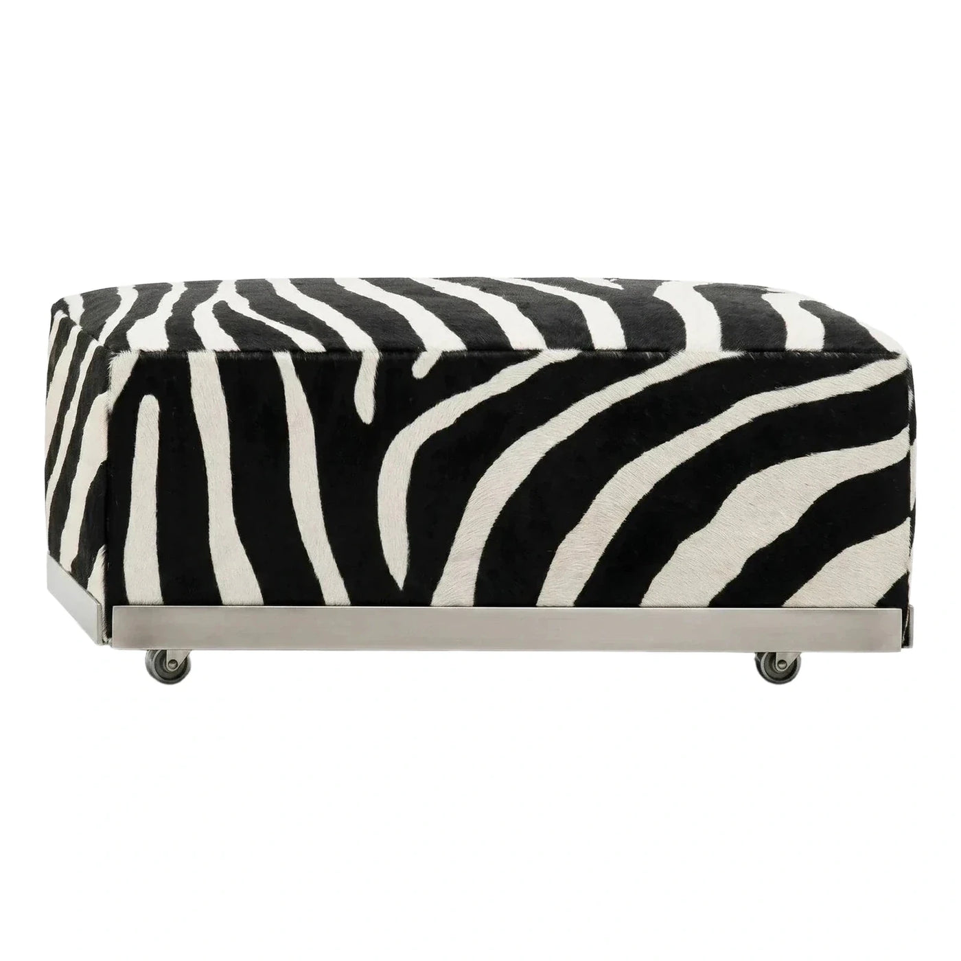Zebra Print Upholstered Ottoman with Metal Base