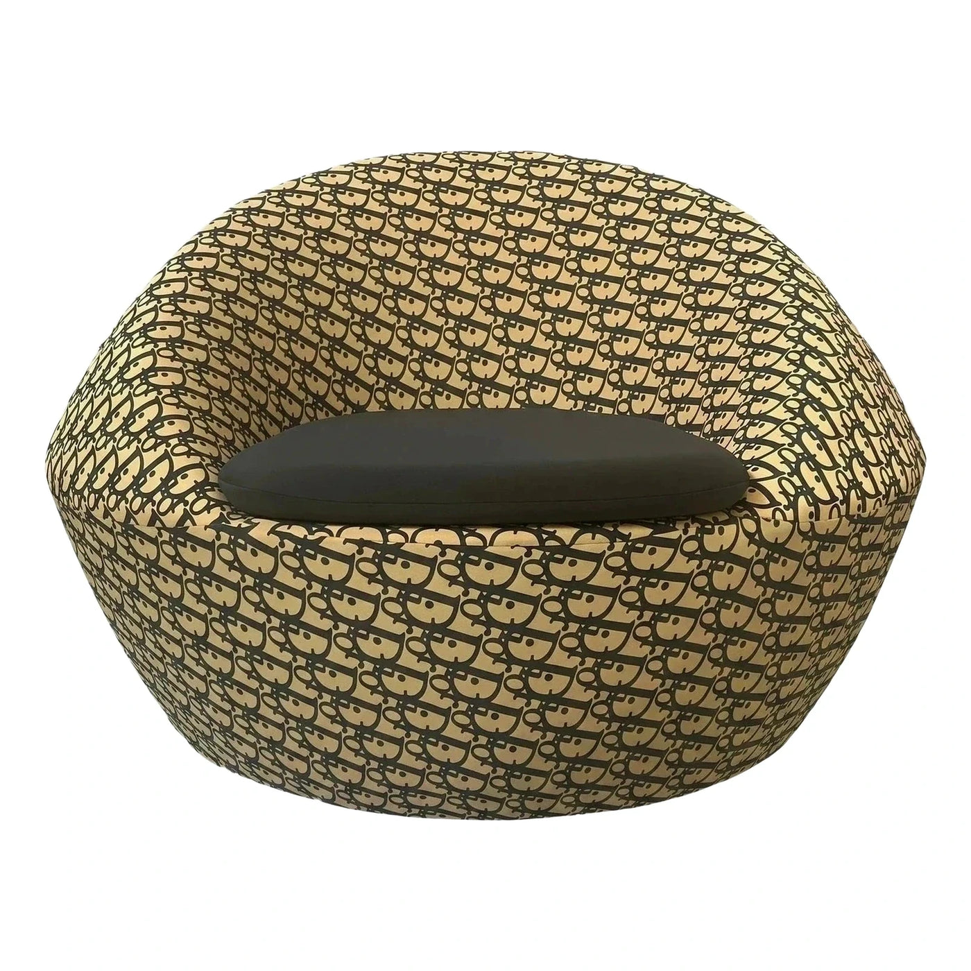 Round Beige Monogram Print Ottoman with Black Cushion