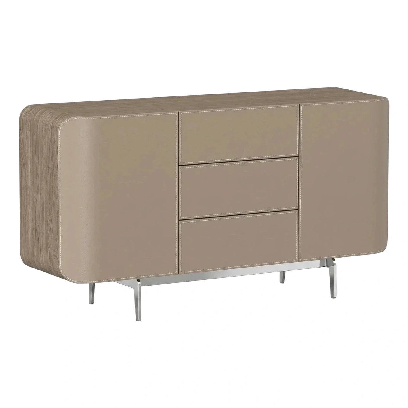 Modern Taupe Leather Sideboard with Wood Top and Chrome Legs