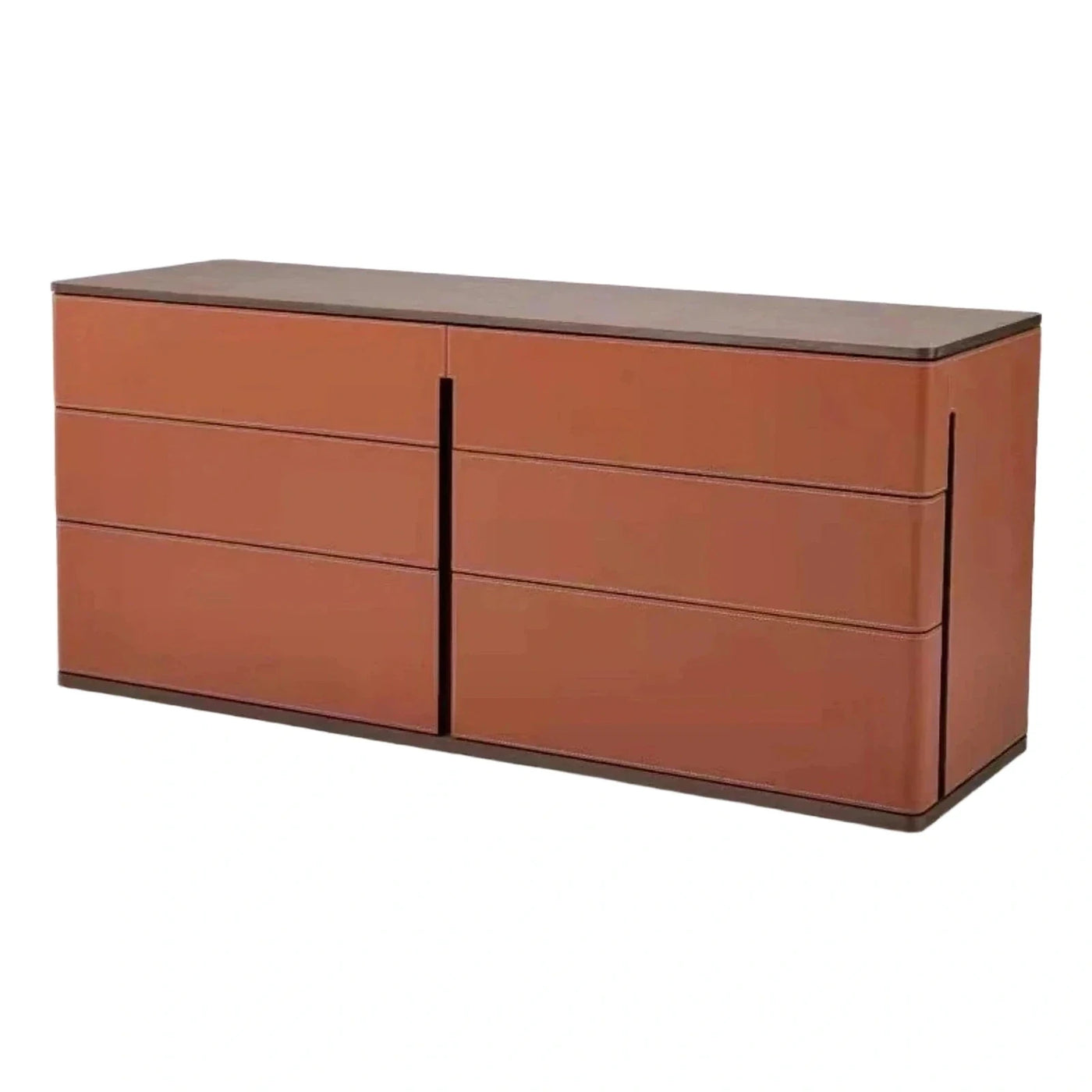 Modern Cognac Leather Sideboard with Dark Wood Top