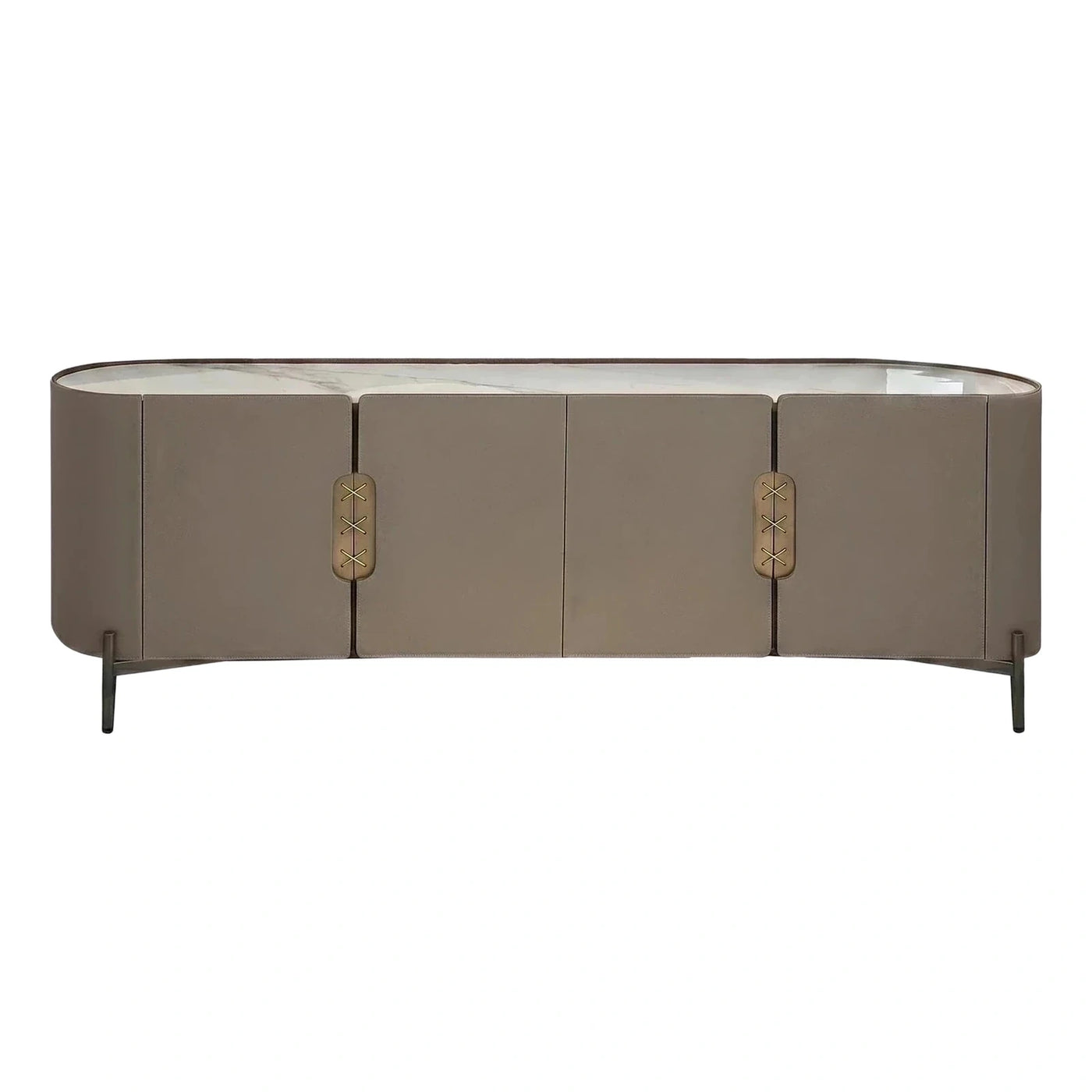Oval Taupe Leather Sideboard with Marble Top