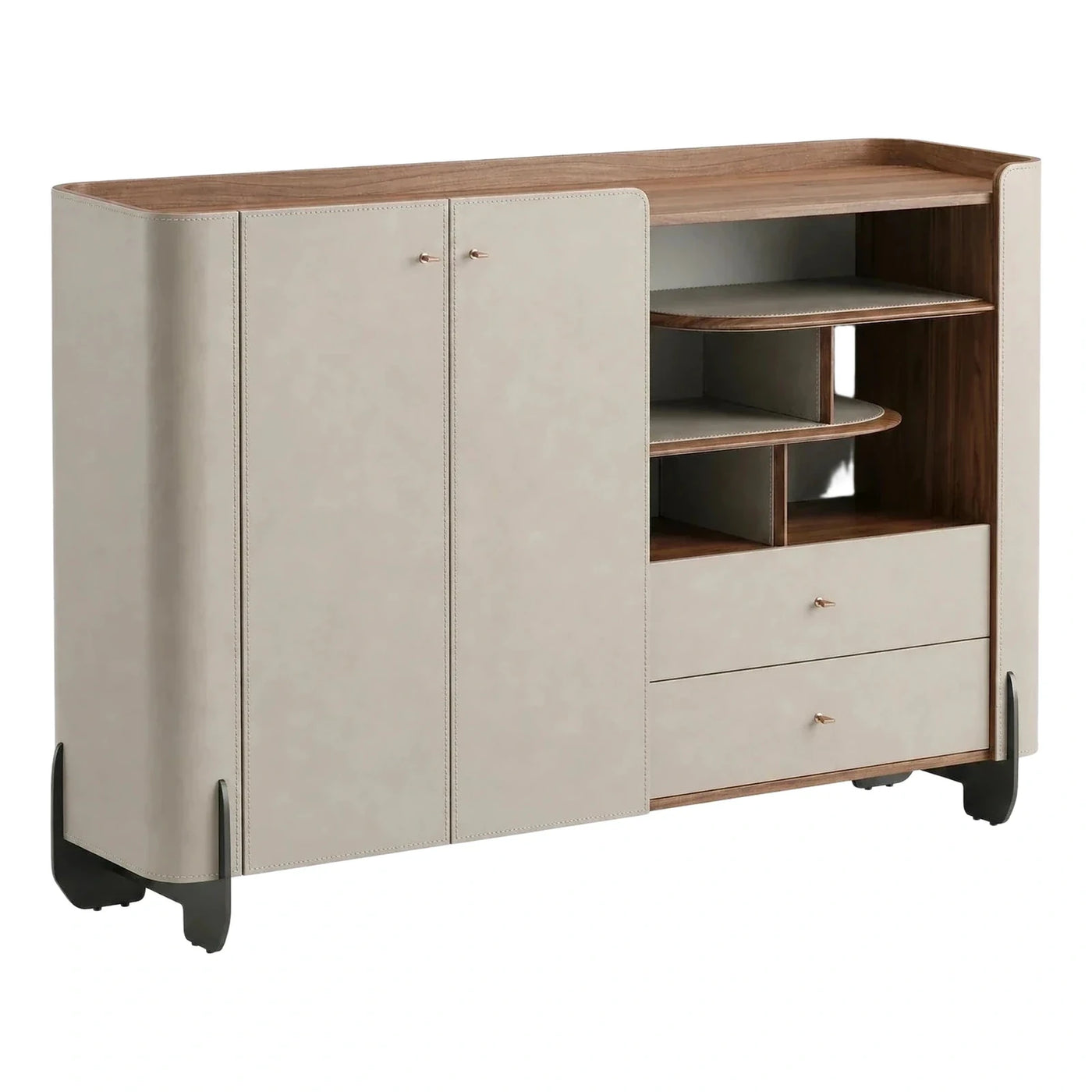 Modern Cream Leather Sideboard with Wood Accents