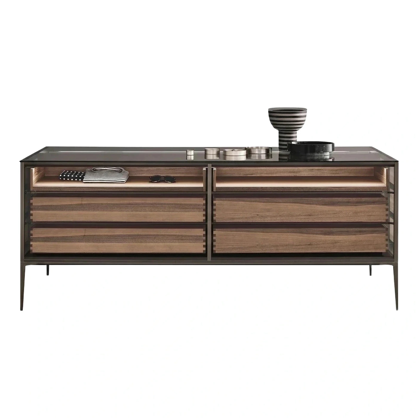 Modern Walnut Sideboard with Glass Top and Metal Frame