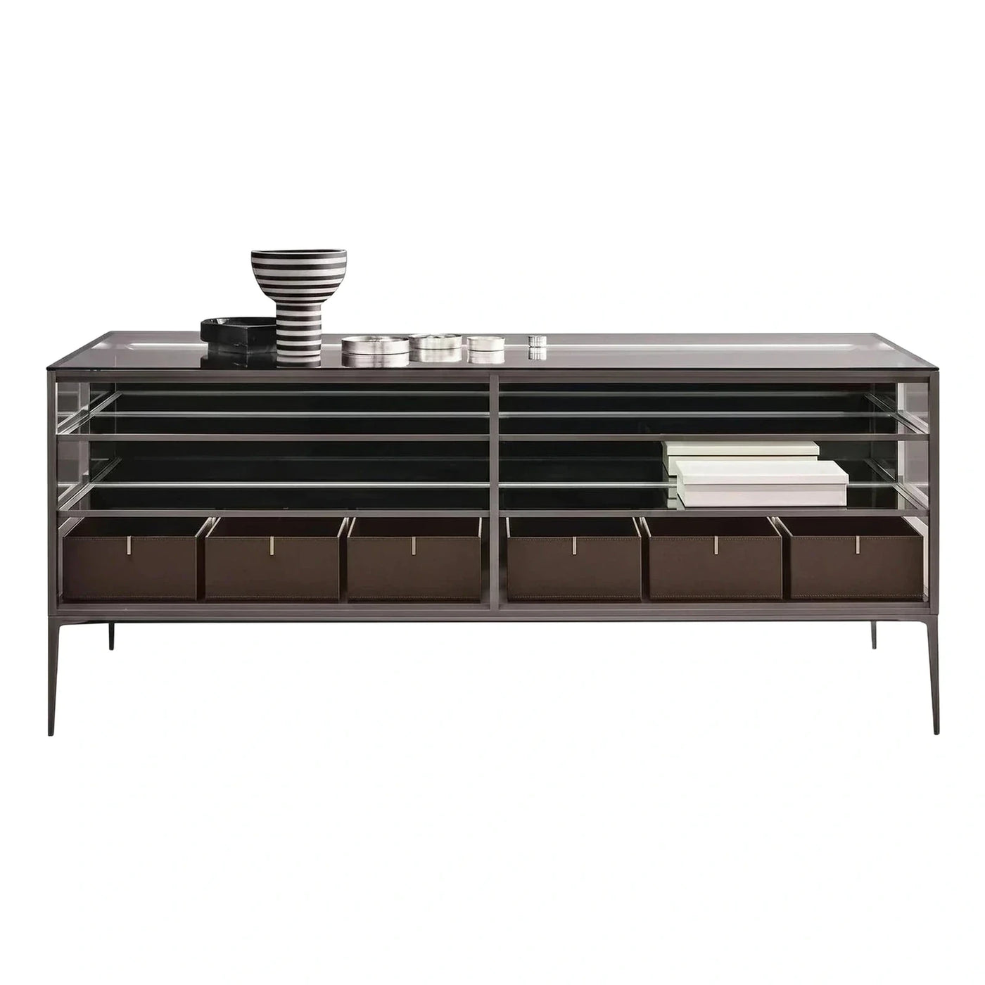 Modern Glass Top Sideboard with Leather Bins