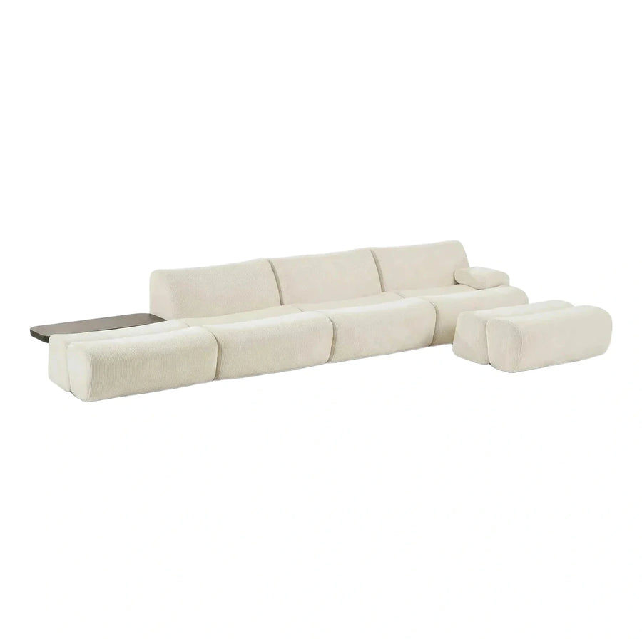 Cream Ribbed Modular Sectional Sofa with Wood Table