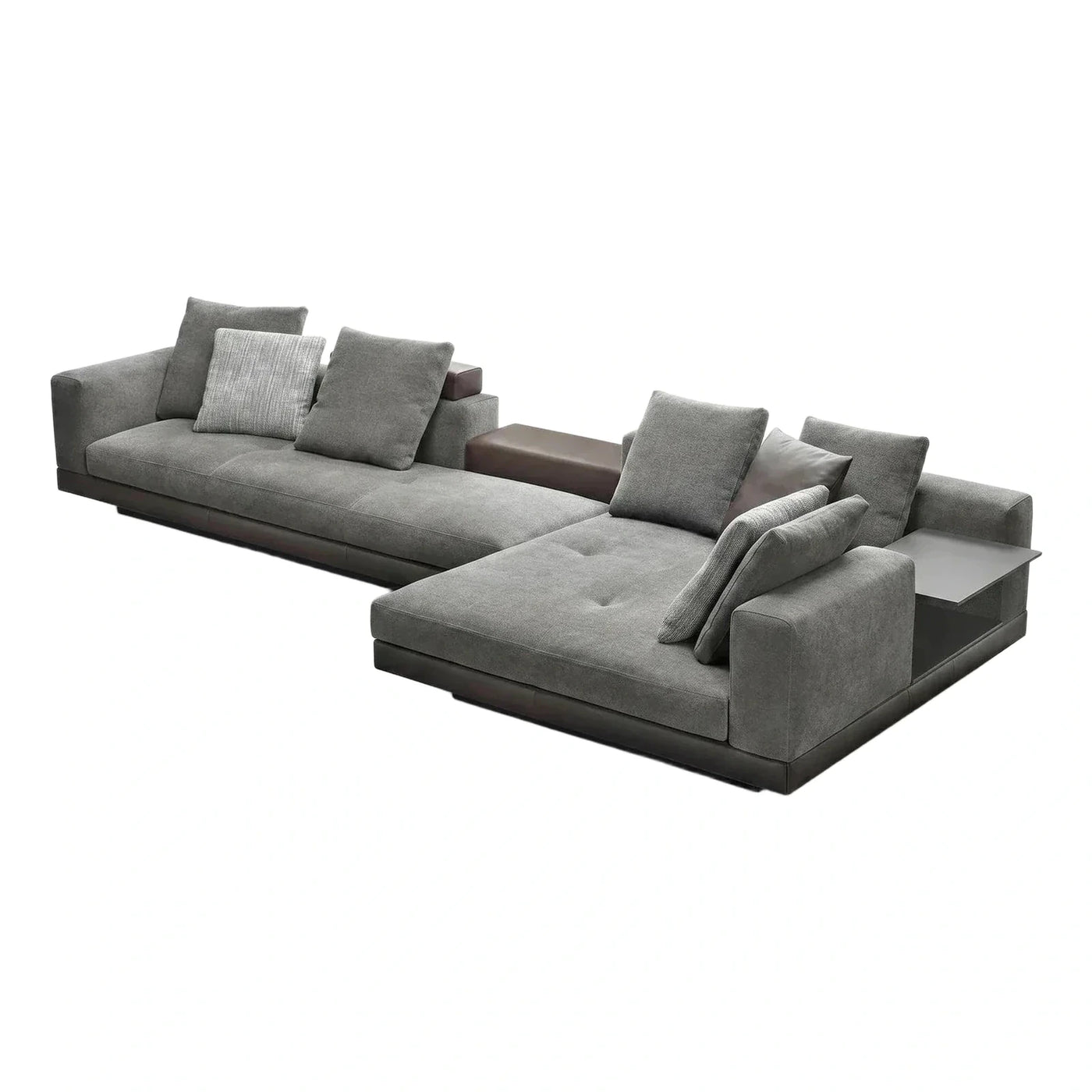 Grey Fabric Sectional Sofa with Leather Base and Table