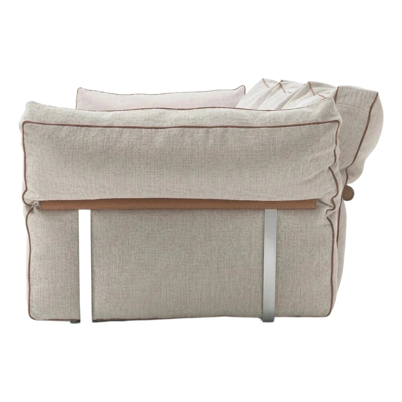 Modern Cream Fabric Sofa with Leather and Metal Straps