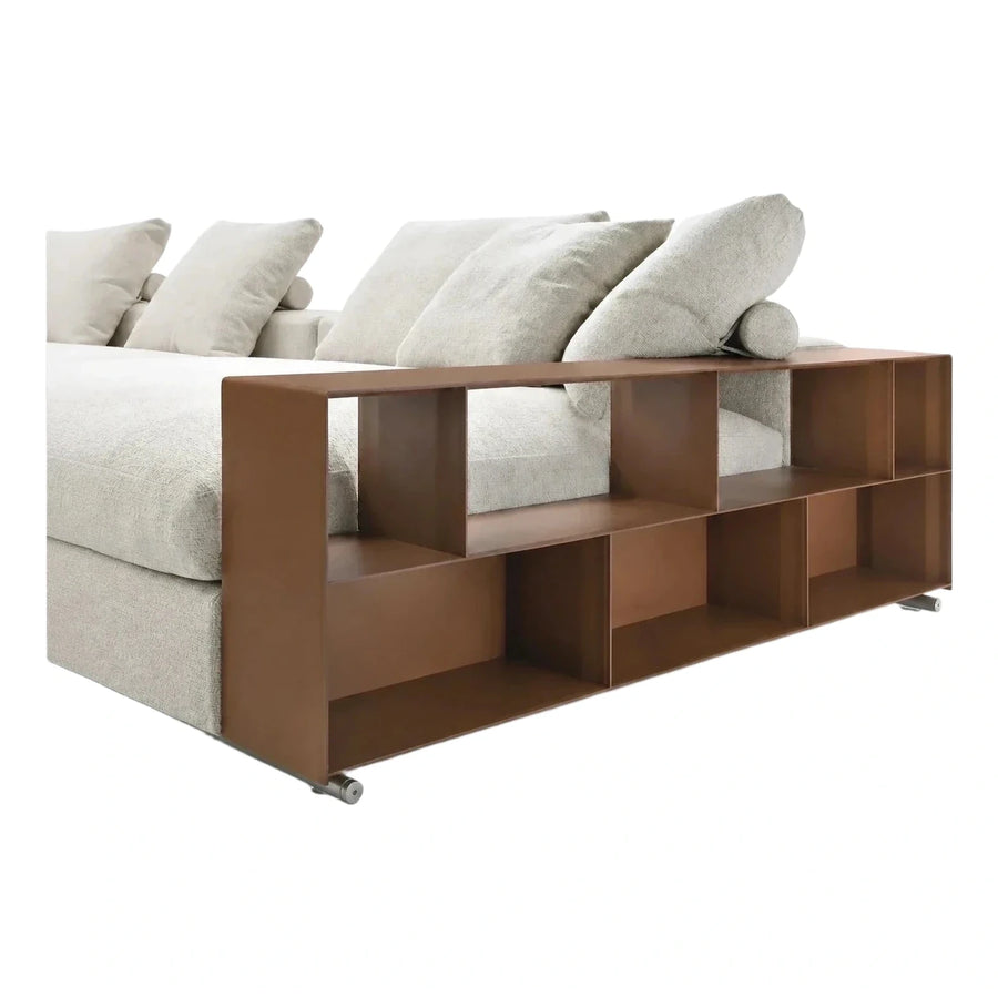 Cream Fabric Sofa with Brown Storage Shelf Back