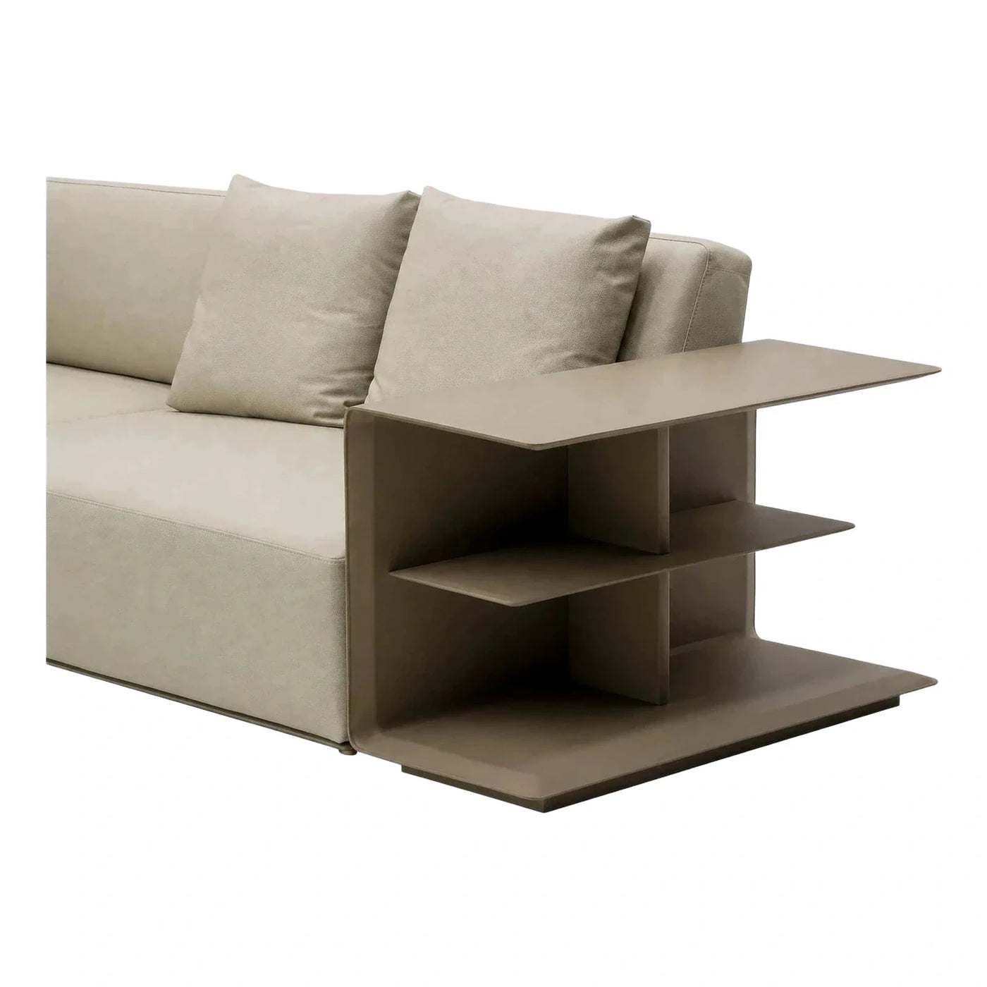 Modern Beige Leather Sofa with Attached Shelving Table