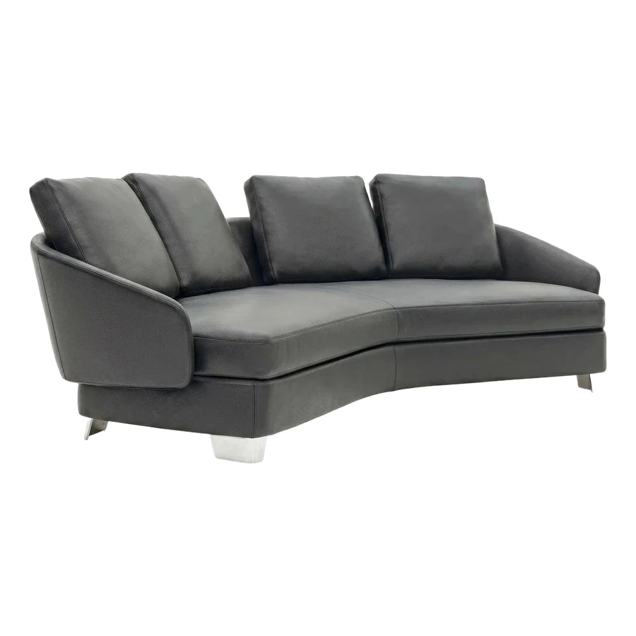 Modern Curved Dark Grey Leather Sofa with Metal Legs