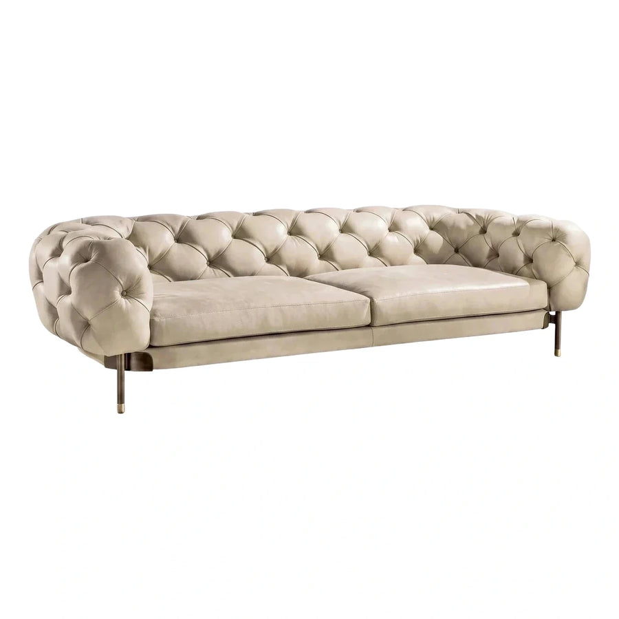 Beige Leather Tufted Sofa with Rolled Arms and Metal Legs